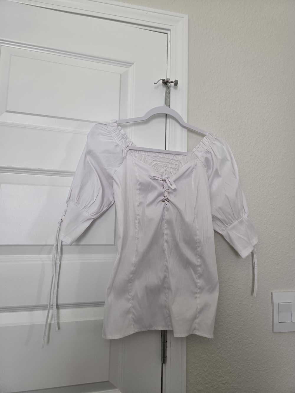 White Puff-Sleeve Lace-Up Women’s Top